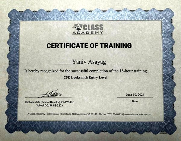 Virginia 25E Entry-Level Locksmith training certificate issued to Yaniv Asayag of Eagle Locksmith Service by A Class Academy, June 10, 2026
