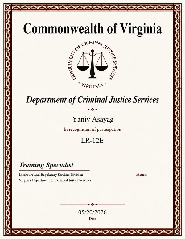 Virginia DCJS certificate LR-12E issued to Yaniv Asayag of Eagle Locksmith Service, May 20, 2026