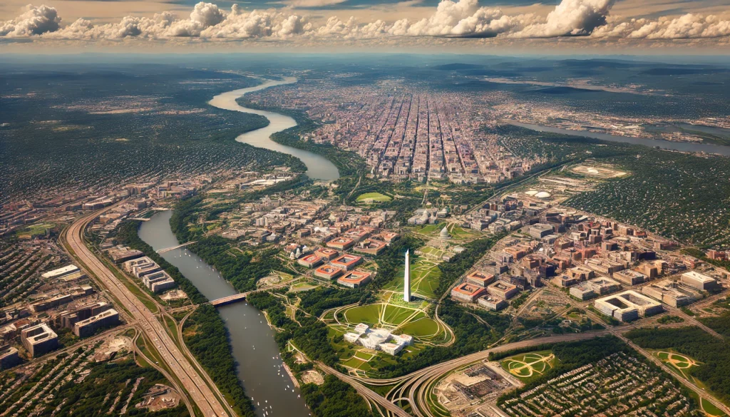 DALL·E 2024 09 19 12.27.57 Aerial view of the DMV area (Washington D.C., Maryland, Virginia) from the sky. The image captures a sweeping view of the landscape with Washington D