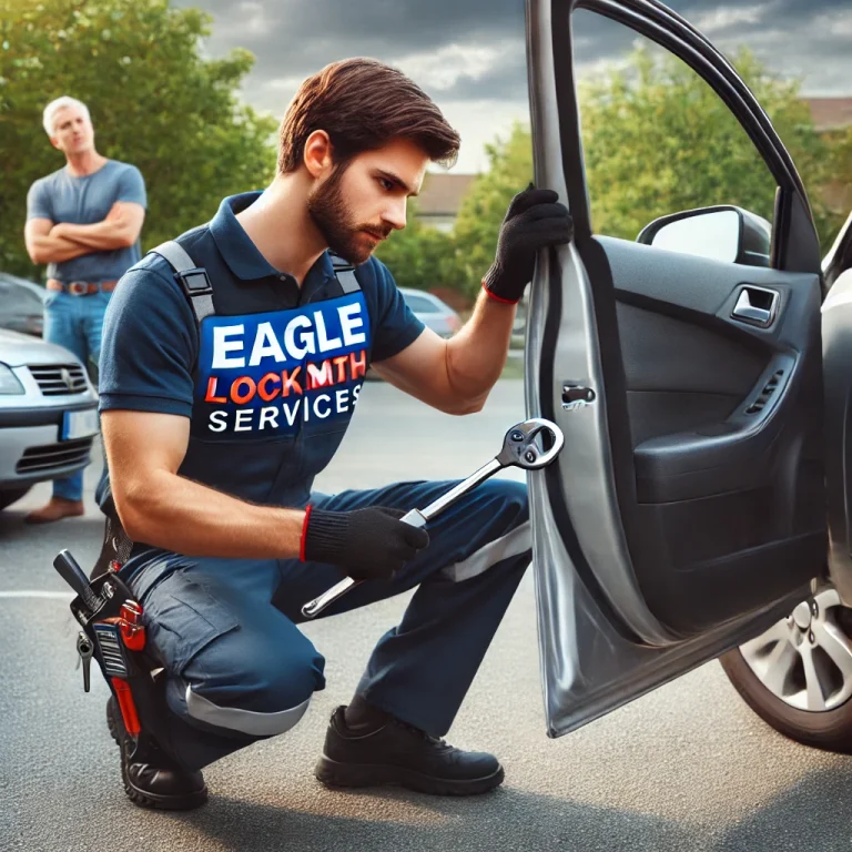 DALL·E 2024 09 21 18.49.17 A professional locksmith from Eagle Locksmith Services unlocking a car door using advanced, non invasive tools. The locksmith is in a branded uniform,