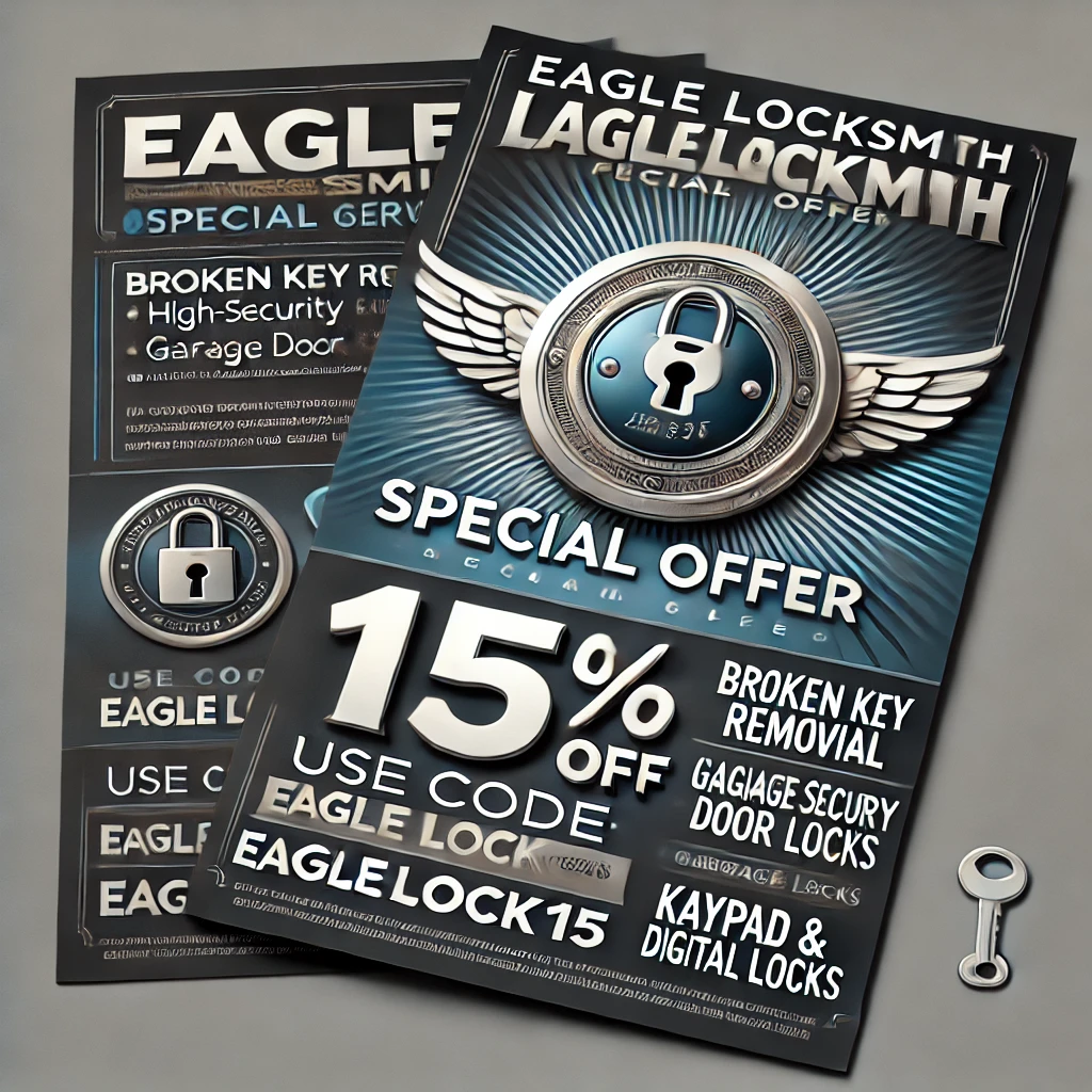DALL·E 2024 09 21 19.15.28 A modern, sleek coupon design for Eagle Locksmith services. The background features a gradient of blue and silver to represent trust and professionali