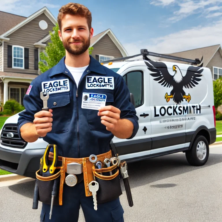 Here is the image of a professional locksmith in uniform, standing in front of a branded Eagle Locksmith van, showcasing trust and reliability with a license and certification badge. Let me know if you'd like any adjustments!